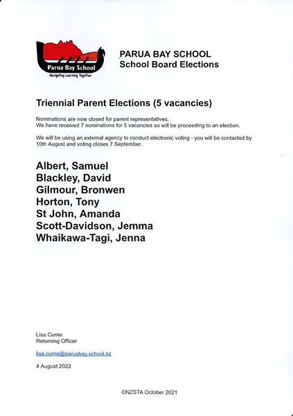 NOMINATIONS HAVE CLOSED FOR PARENT REPRESENTATIVE ON BOARD OF TRUSTEES